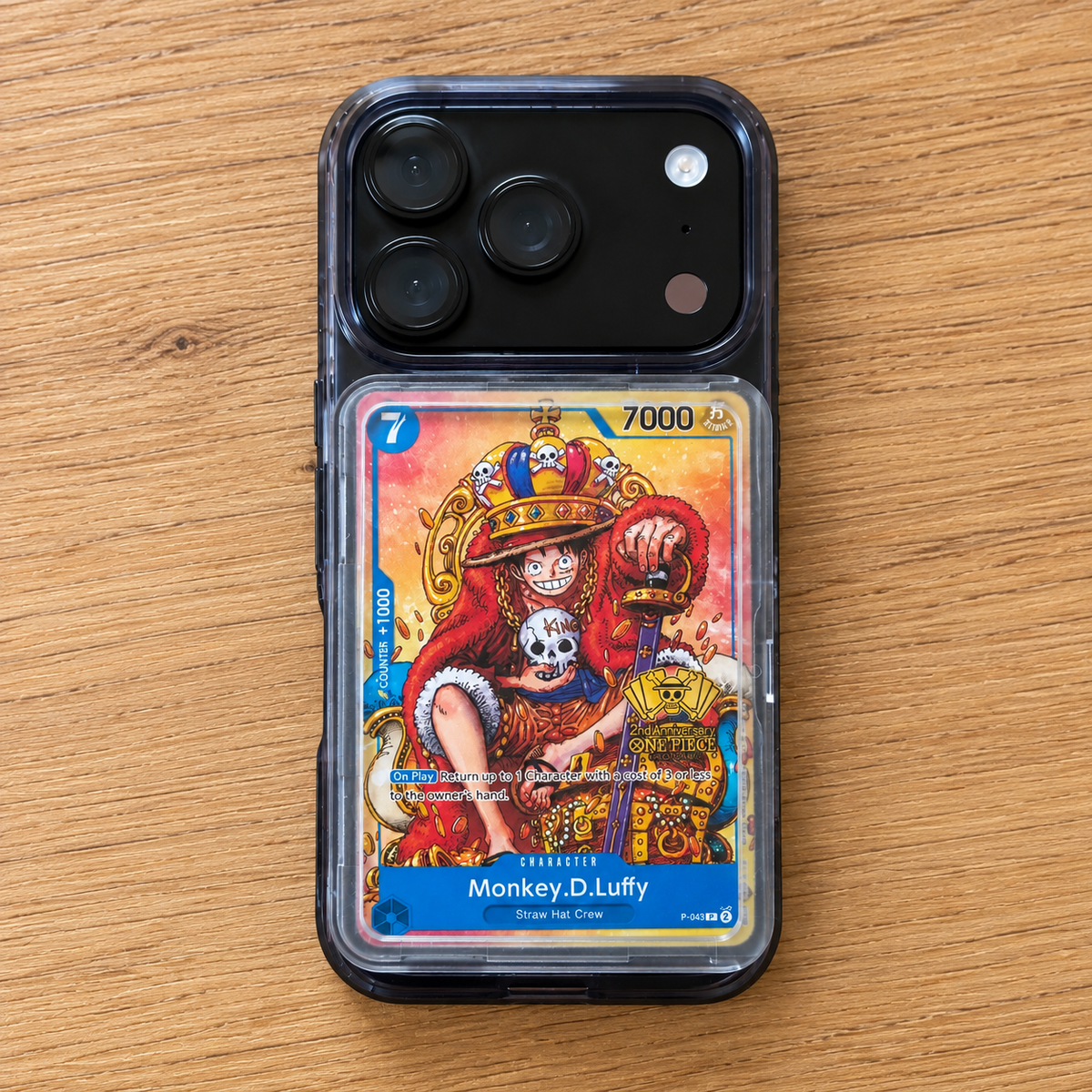 TCGCase Smoke Black full back on oak with trading card
